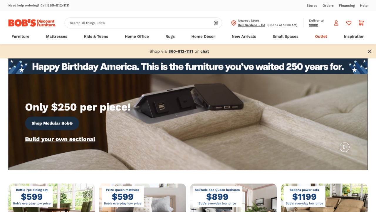 Bob's Discount Furniture live Spartacus storefront homepage on mybobs.com after the Hycentra SAP Hybris and Bloomreach rescue