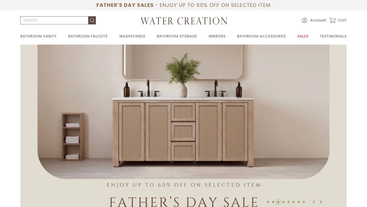 Water Creation live Shopify storefront homepage on water-creation.com after the Hycentra rebuild